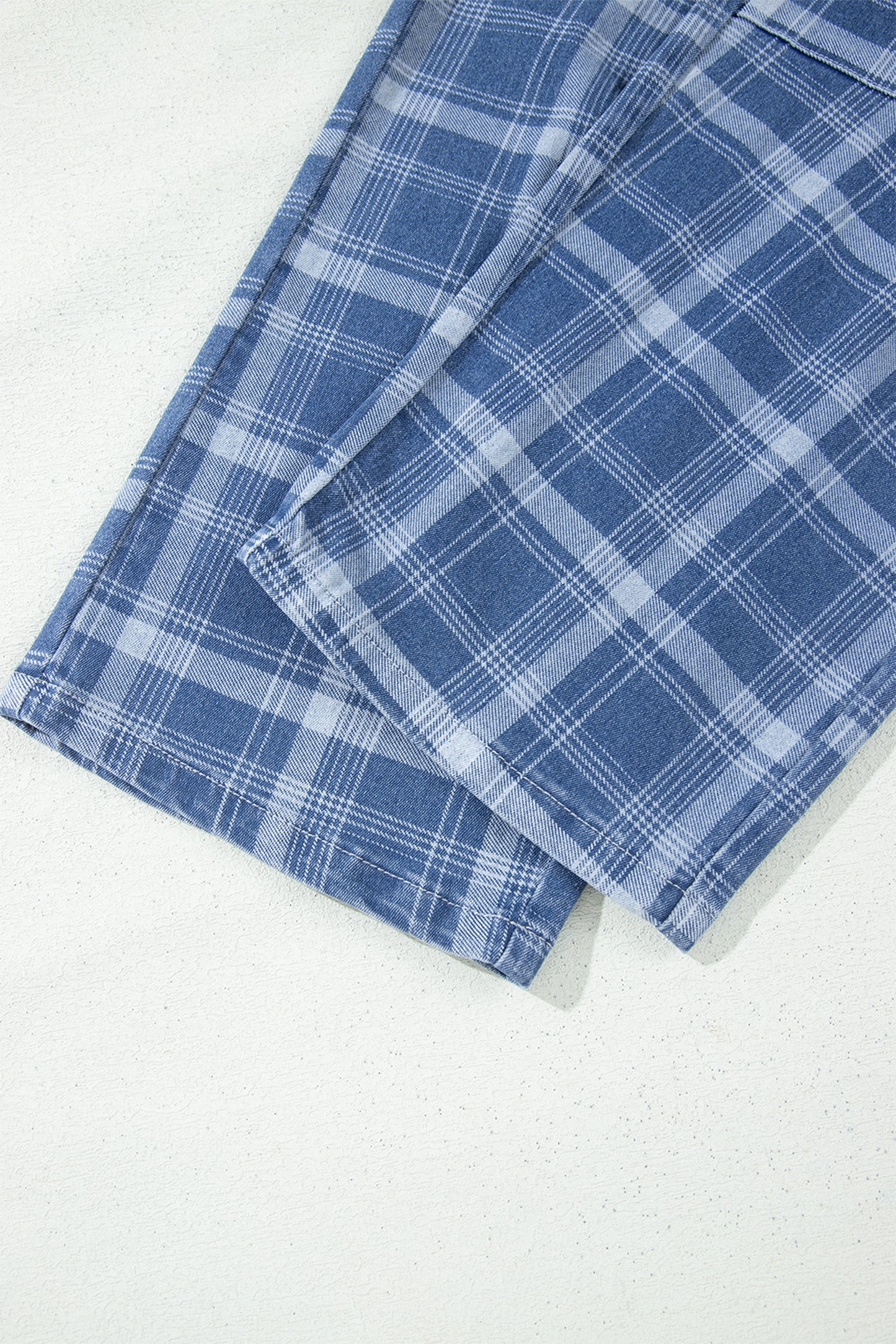 Plaid Denim Drawstring Wide Leg Utility Jeans