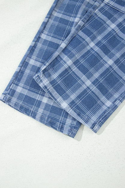 Plaid Denim Drawstring Wide Leg Utility Jeans