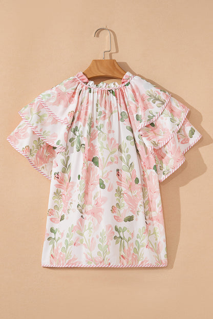 Floral Ruffle Sleeve Blouse V Neck Summer Boho Top