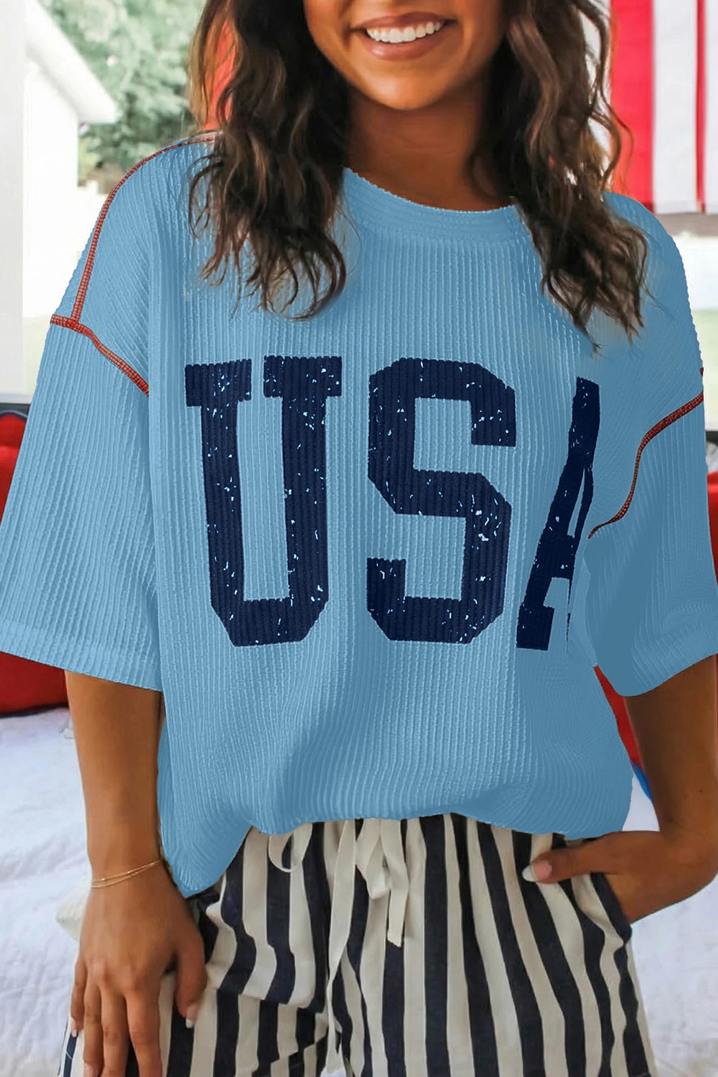USA Ribbed Graphic Tee Loose Fit Patriotic Top