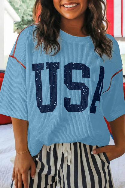 USA Ribbed Graphic Tee Loose Fit Patriotic Top