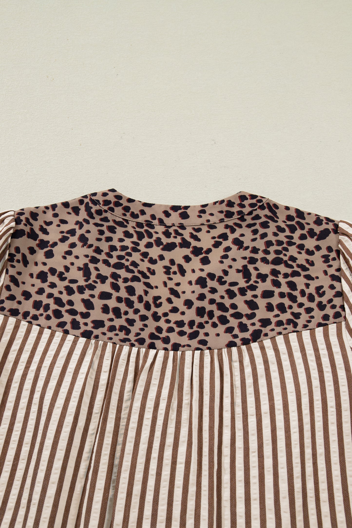 Brown Stripe V Neck Button Down Top with Leopard Trim Detail