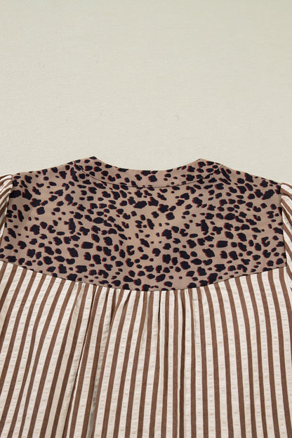 Brown Stripe V Neck Button Down Top with Leopard Trim Detail