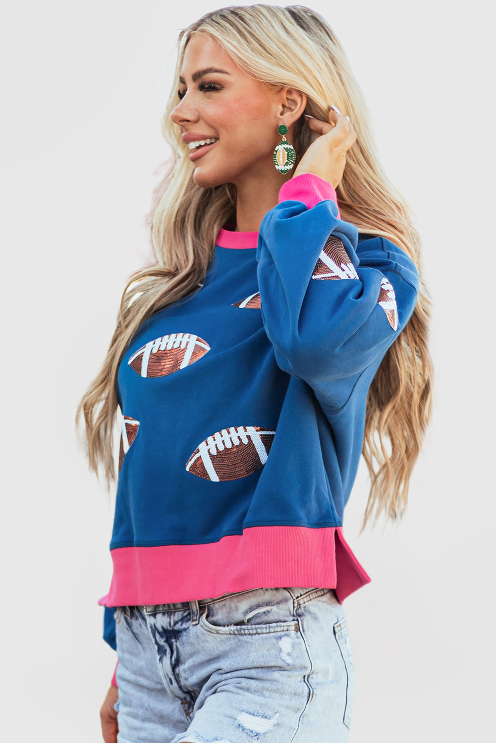 Sequin Color Block Bubble Sleeve Rugby Sweatshirt