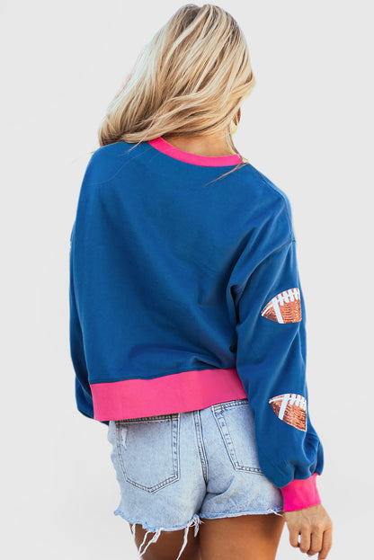 Sequin Color Block Bubble Sleeve Rugby Sweatshirt