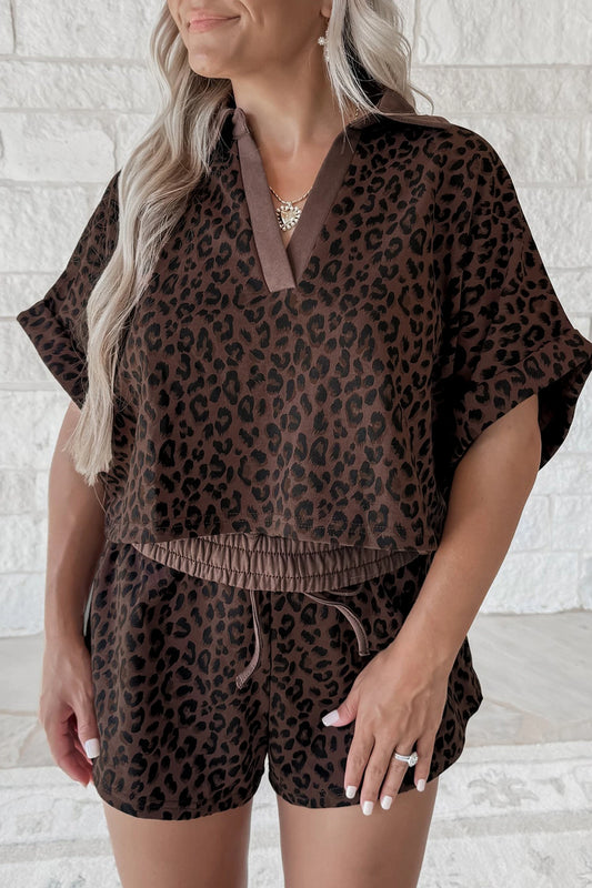 Brown Leopard Collared V Neck Top & Shorts Set