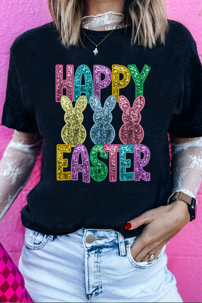 Black Sequin HAPPY EASTER Bunny Graphic Tee