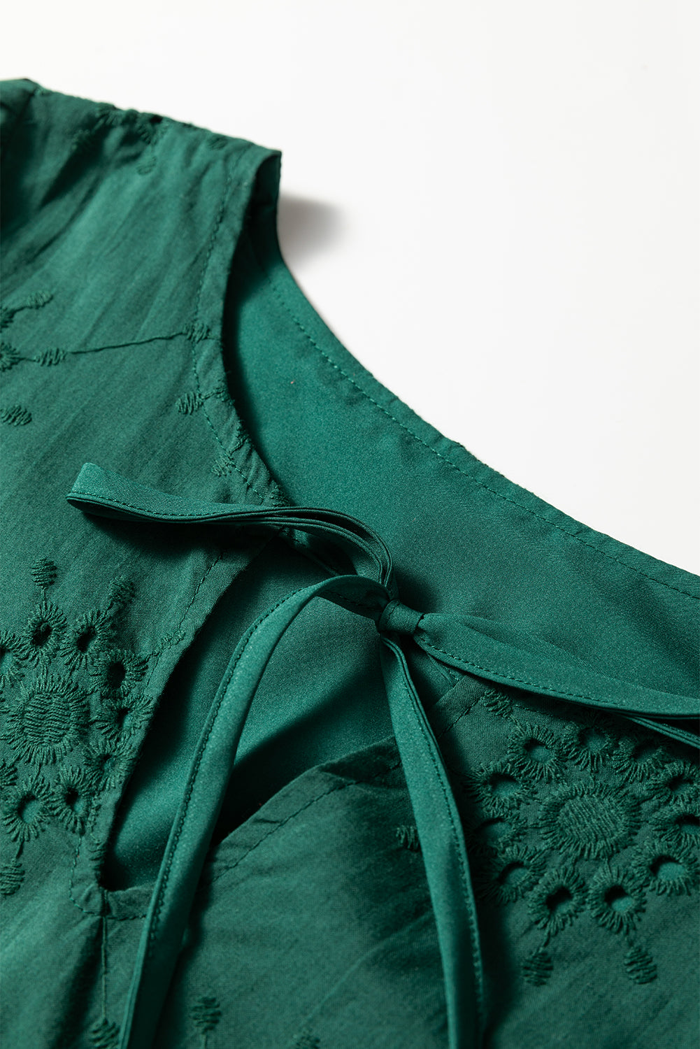 Green Eyelet Embroidered Puff Sleeve Babydoll Mini Dress