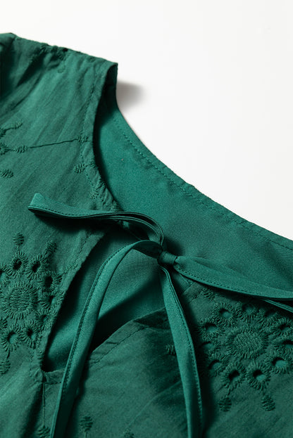 Green Eyelet Embroidered Puff Sleeve Babydoll Mini Dress