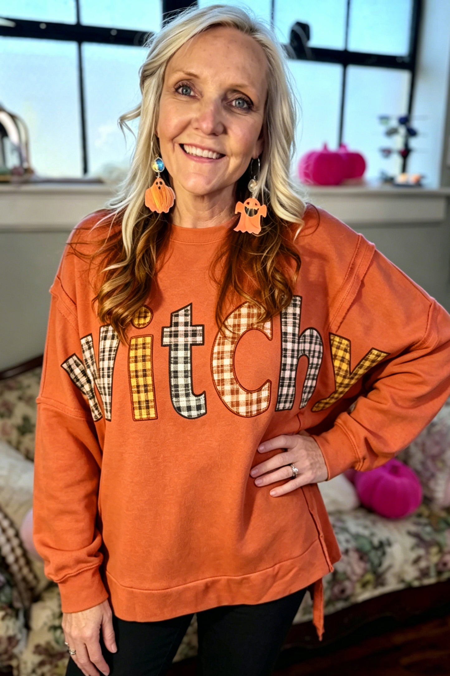 Flamingo Halloween Witchy Plaid Patch Sweatshirt
