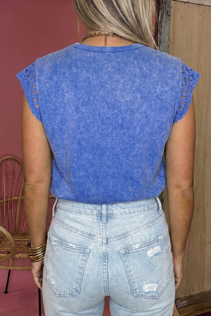 Sky Blue Lace Sleeve Mineral Wash Cotton Tee