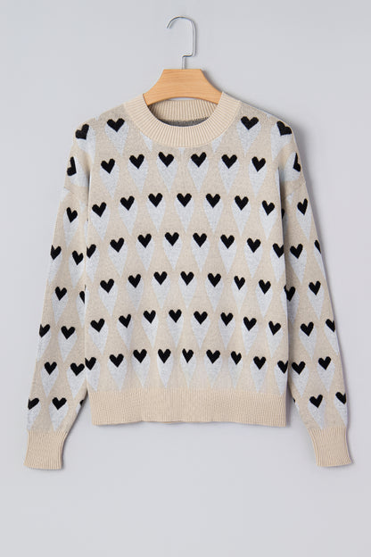 Valentine Heart Print Cozy Knit Loose Fit Sweater