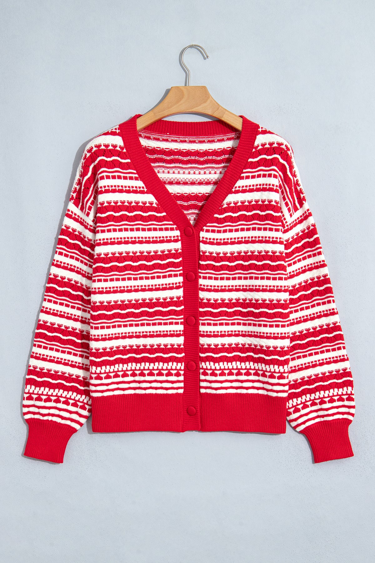 Red Geometric Stripe Button Front Knit Cardigan