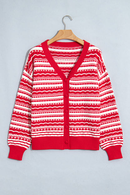 Red Geometric Stripe Button Front Knit Cardigan