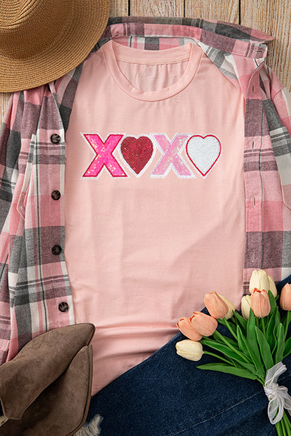 Pink XOXO Sequin Heart Graphic Valentines Day T Shirt