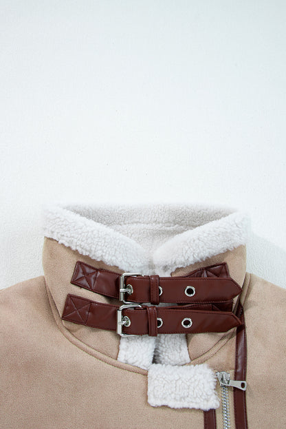 Dark Khaki Sherpa Lined Faux Suede Lapel Collar Vest