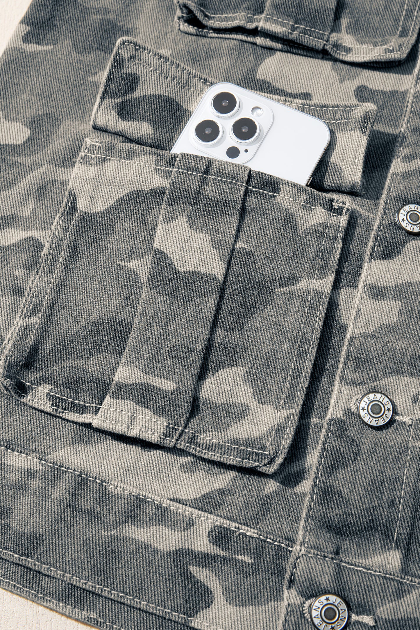 Camo Cargo Button Down Denim Vest with Utility Pockets