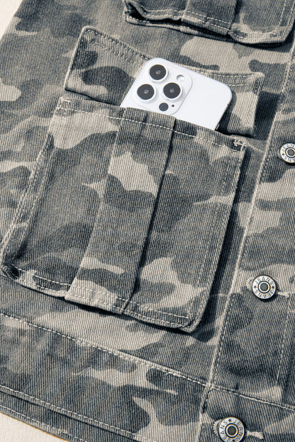 Camo Cargo Button Down Denim Vest with Utility Pockets