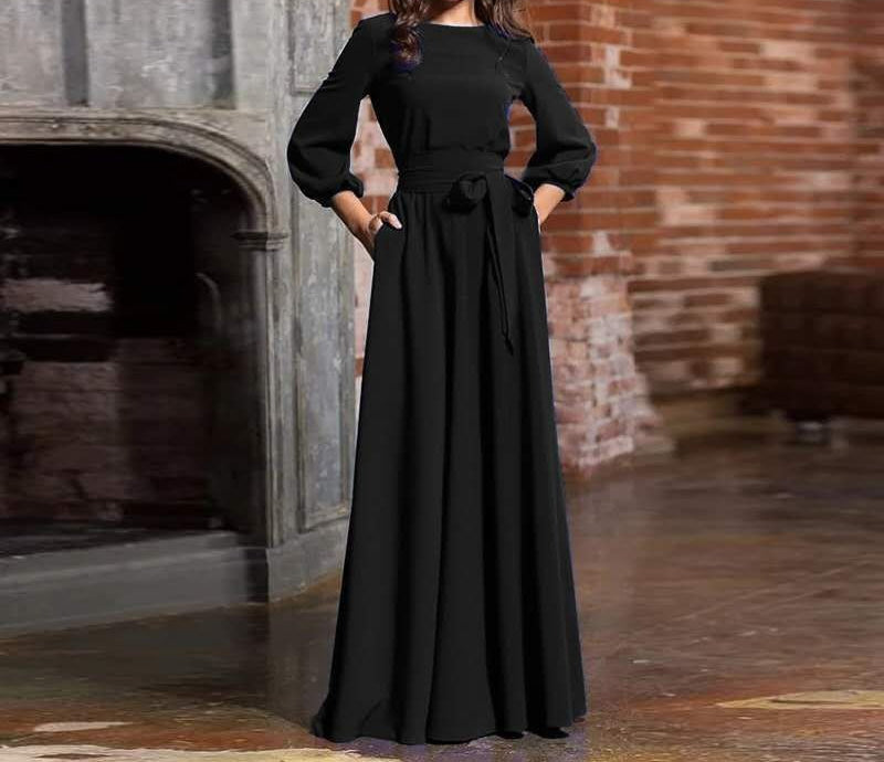Women's Long Sleeve Tie Waist Maxi Dress A-Line Flowy