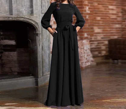 Women's Long Sleeve Tie Waist Maxi Dress A-Line Flowy