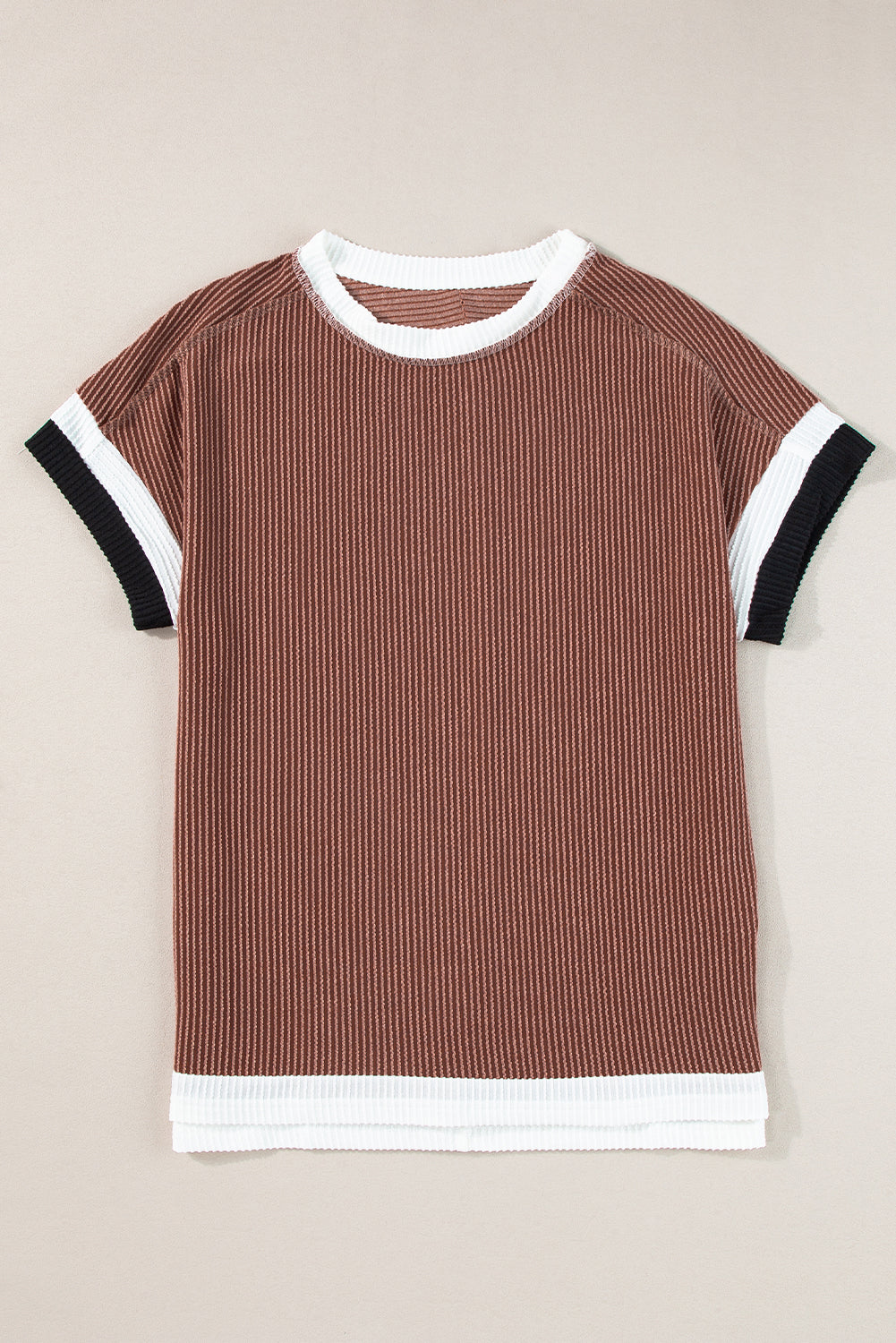 Textured Contrast Trim Round Neck T Shirt