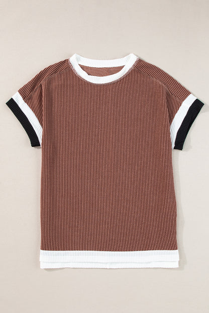 Textured Contrast Trim Round Neck T Shirt