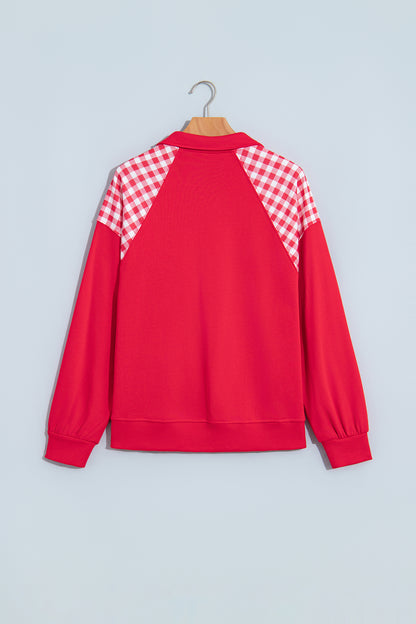 Racing Red Patchwork Plaid Pocket Quarter Zip Sweatshirt