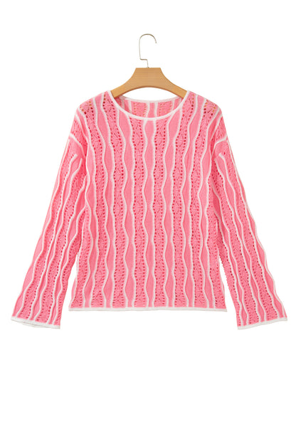Women's Wavy Stripe Open Knit Pullover Sweater