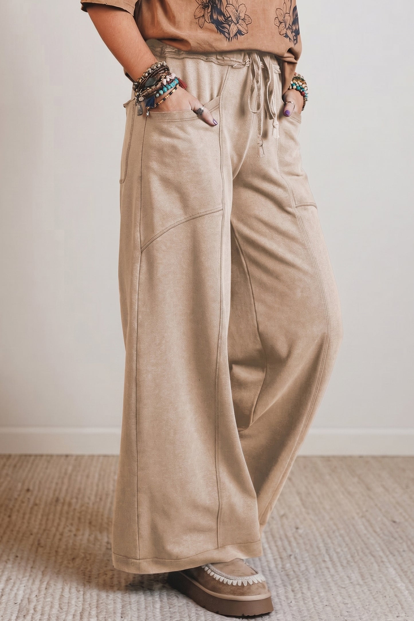 Smoke Gray Mineral Wash Drawstring Retro High Waist Wide Leg Western Pants
