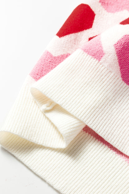 Pink Heart Print Short Sleeve Knit Sweater Valentine Top