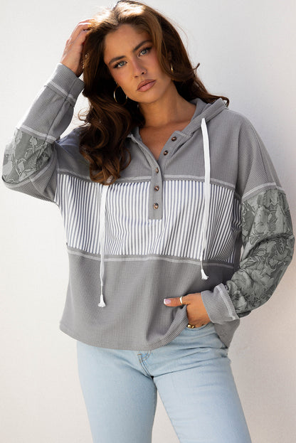 Cinnamon Waffle Printed Patchwork Drawstring Hooded Long Sleeve Top