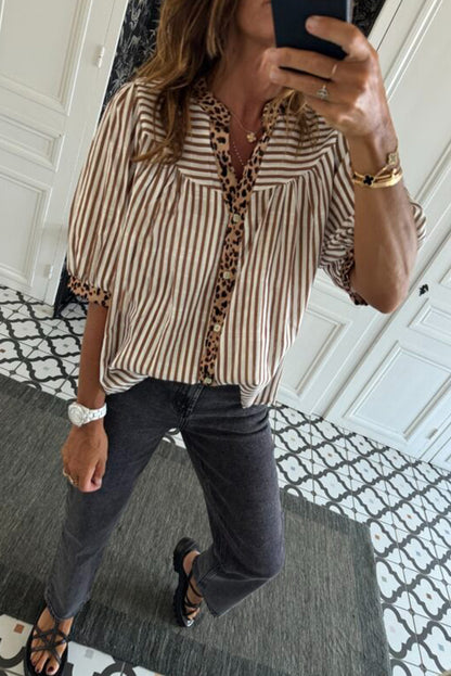 Brown Stripe V Neck Button Down Top with Leopard Trim Detail