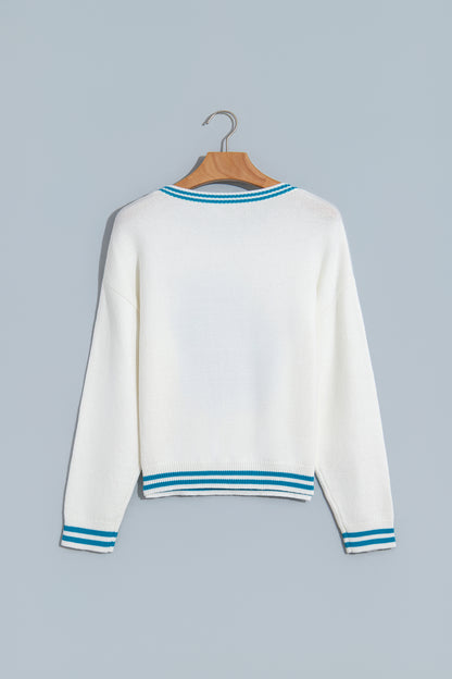 Light Blue Bulldog Contrast Trim Round Neck Casual Sweater