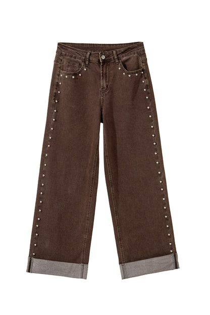 Black Studded Detail Straight Leg Casual Loose Jeans
