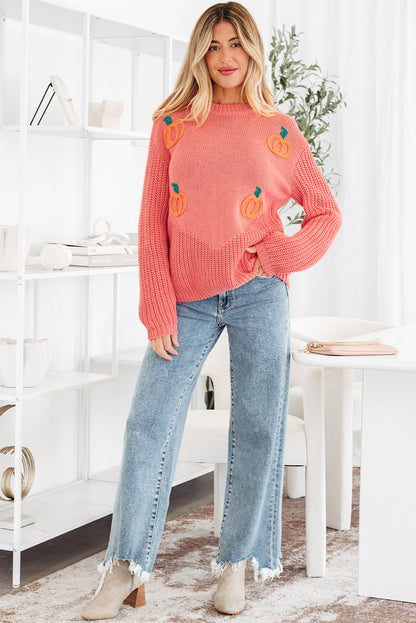 Pumpkin Embroidered Thanksgiving Knit Holiday Sweater