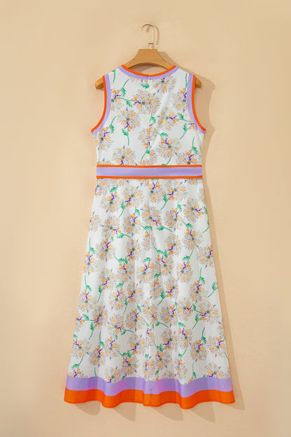 Floral Sleeveless Maxi Dress Women Belted Summer Casual
