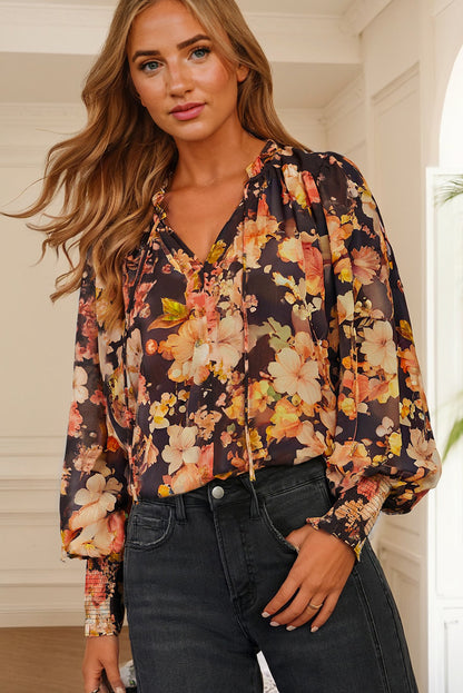 Black Floral Print V Neck Long Sleeve Smocked Cuff Blouse