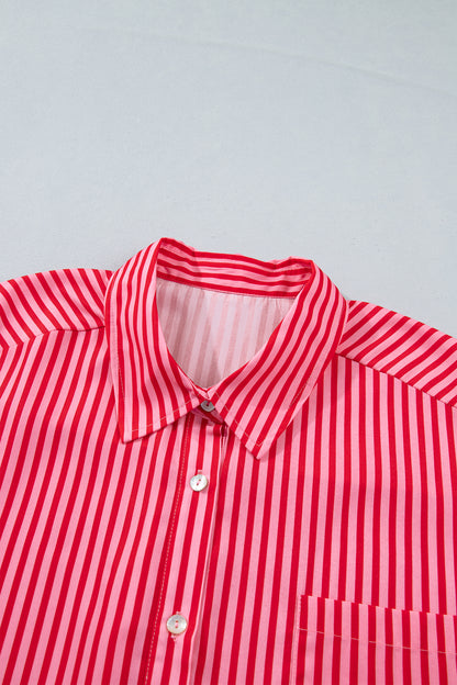 Red Stripe Tie Front Button Up Long Sleeve Casual Shirt