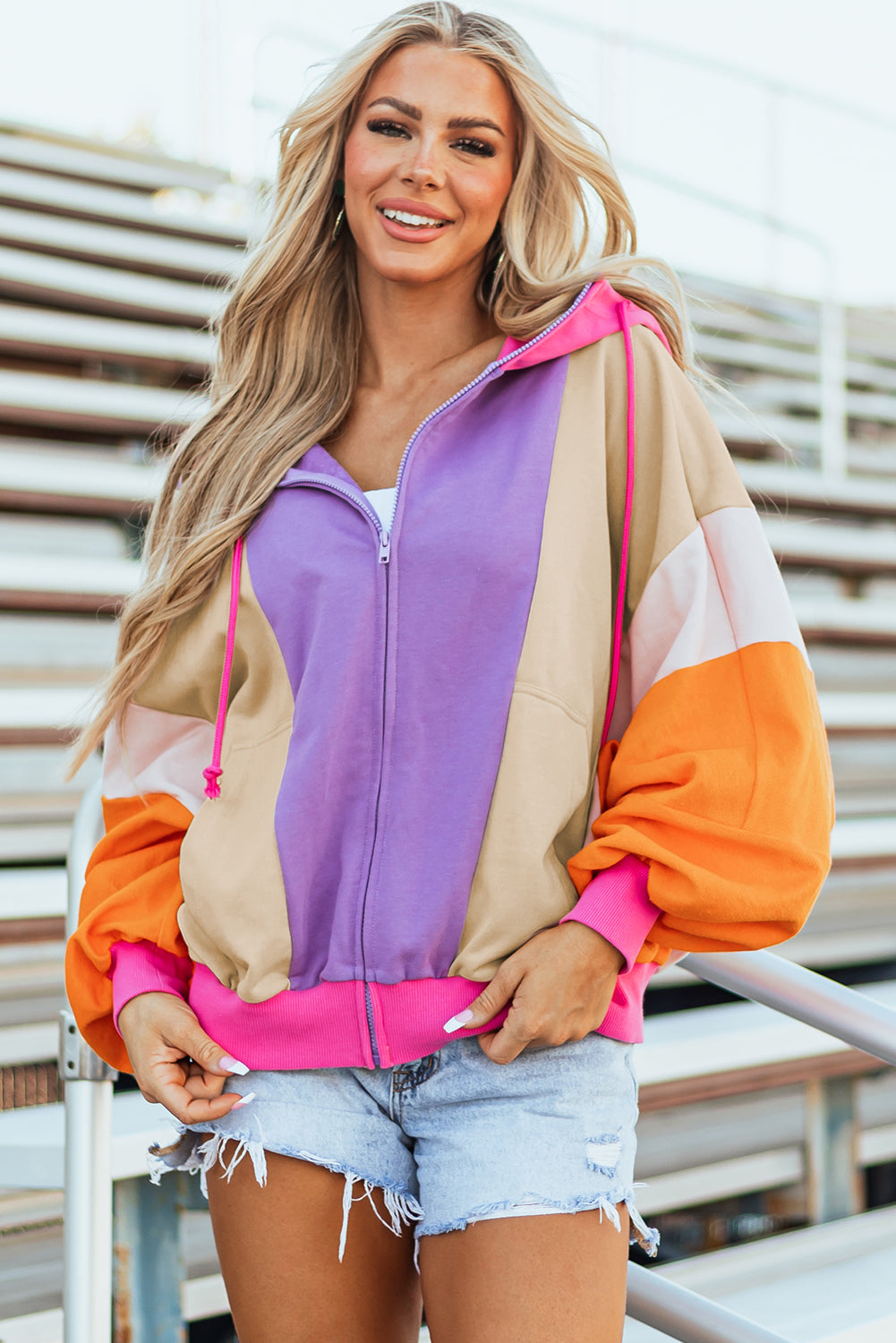 Oversized Colorblock Zip Up Hoodie – Retro Streetwear