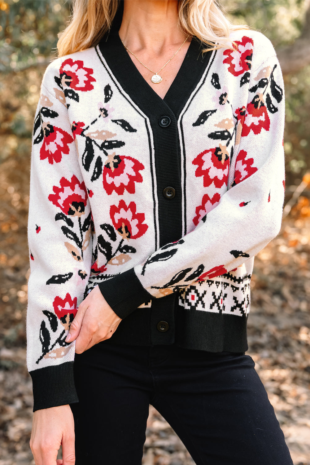 Floral V Neck Button Front Knit Cardigan Sweater