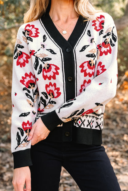 Floral V Neck Button Front Knit Cardigan Sweater