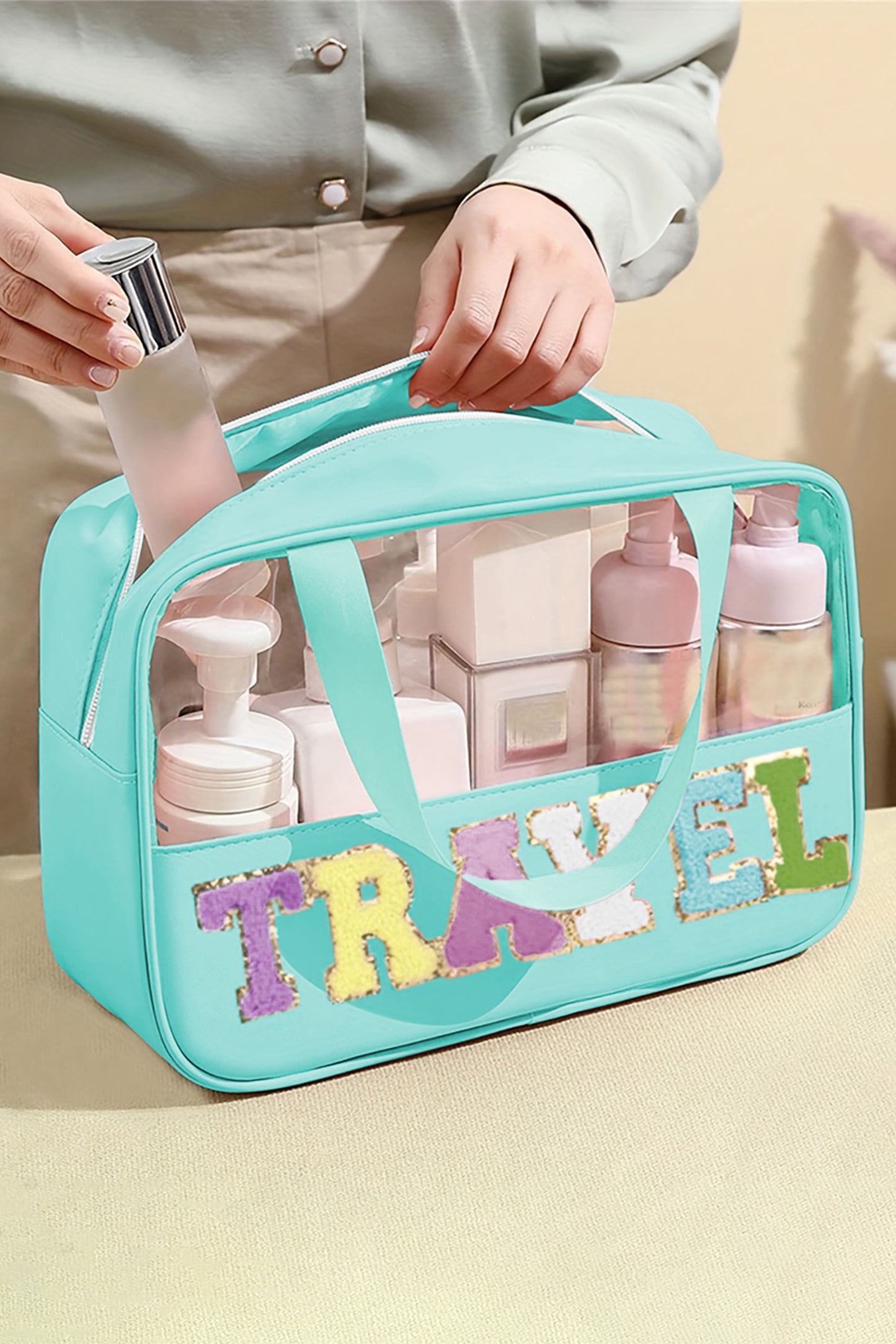 Light Pink TRAVEL Chenille Letter Clear PVC Makeup Bag