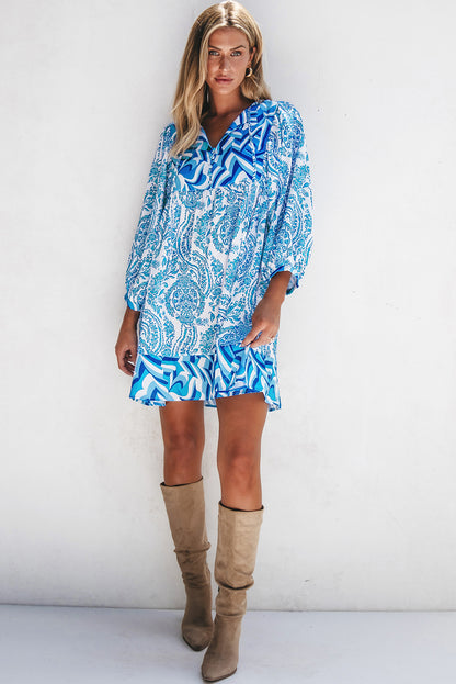 Green Bohemian Print Puff Sleeve Tied V Neck Flared Mini Dress