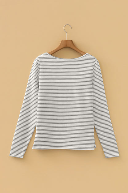 Striped Square Neck Long Sleeve Stretch Knit Top for Women