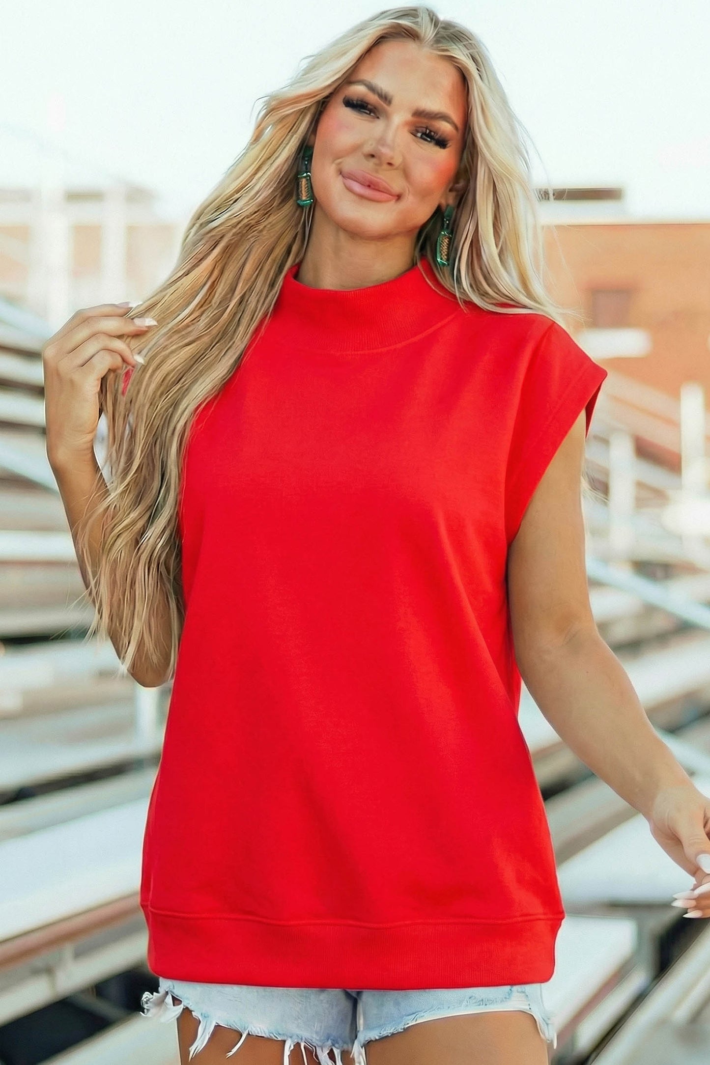 High Neck Cap Sleeve Loose Casual Top