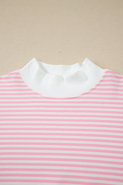 Pink Stripe Oversized Mock Neck Sweatshirt Shorts Set