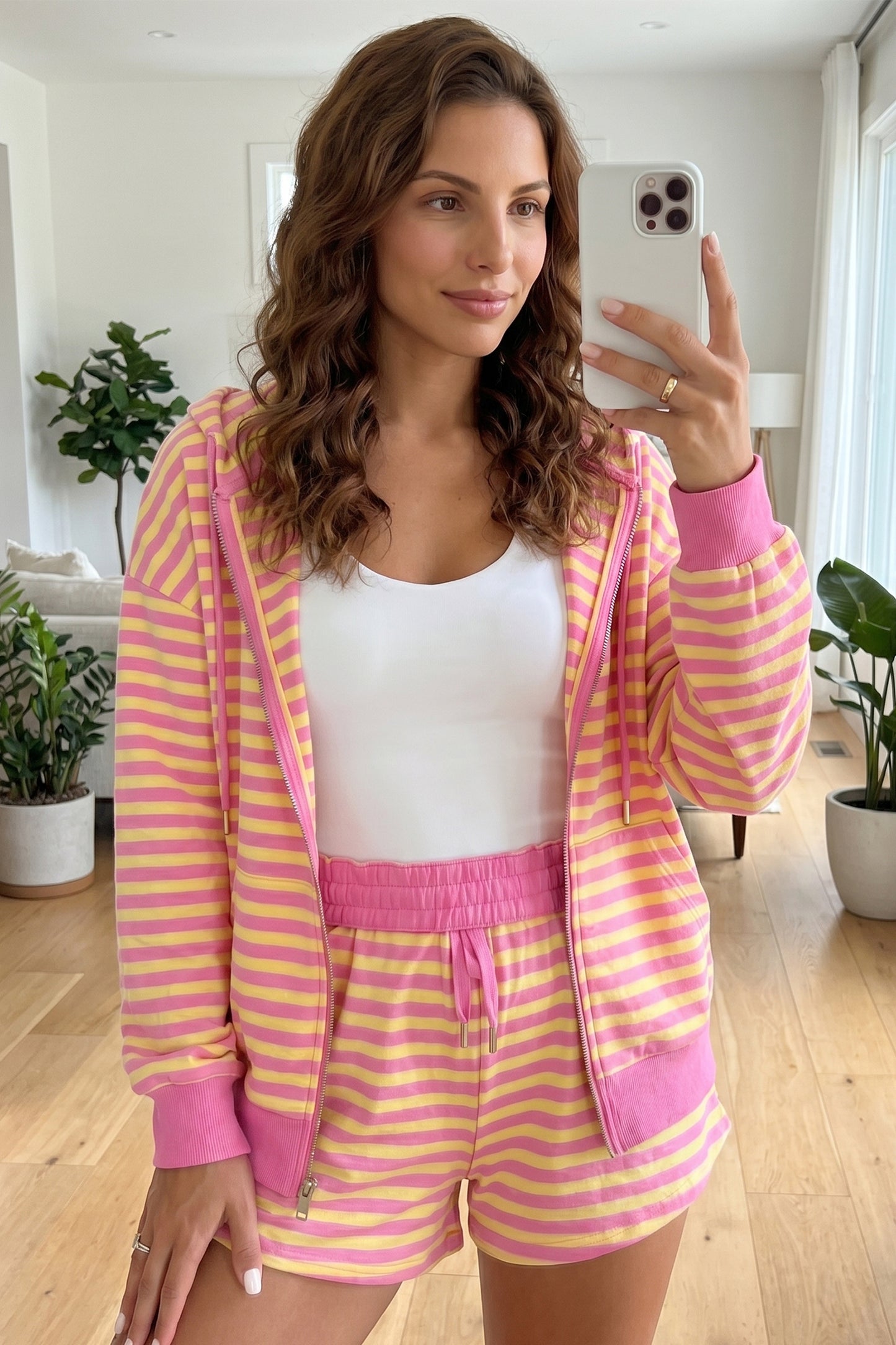 Striped Zip Up Hoodie Shorts Set Lounge Outfit