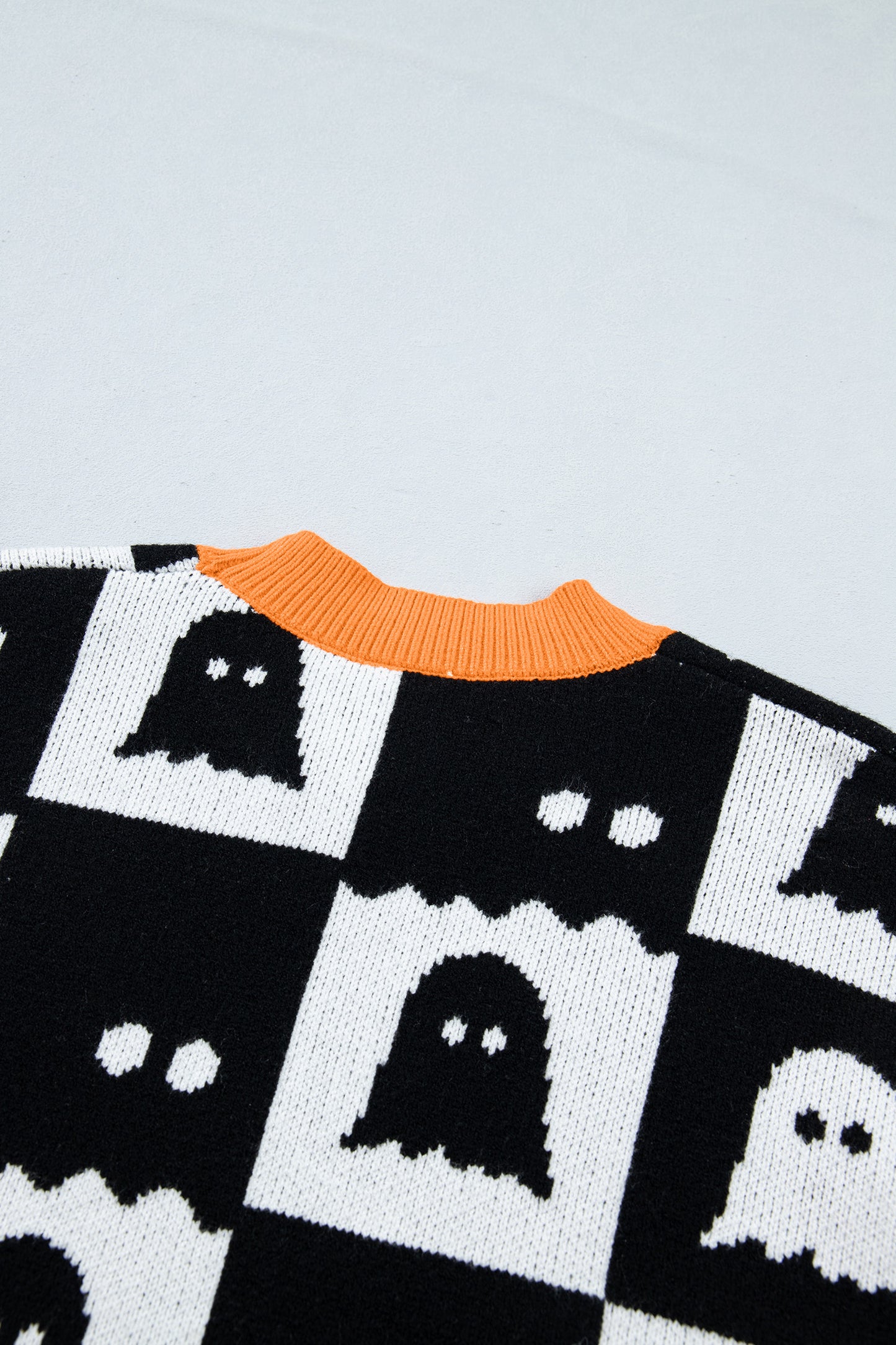 Halloween Ghost Print Checkerboard Knit Sweater