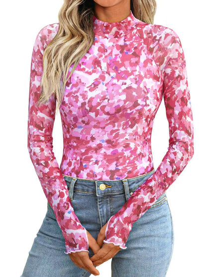 Women's Floral Sheer Mesh Mock Neck Long Sleeve Top