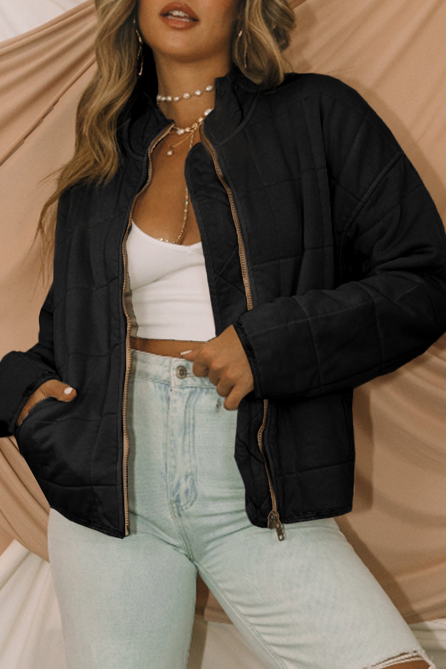 Olive Green Quilted Zip-Up Jacket with Pockets